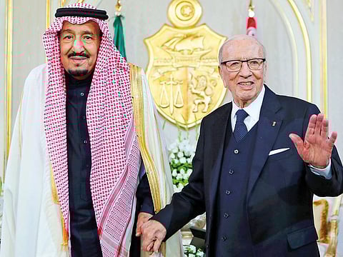 Tunisian President Beji Qaid Al Sebsi greets Saudi Arabia’s King Salman Bin Abdul Aziz Al Saud in Carthage on Friday.