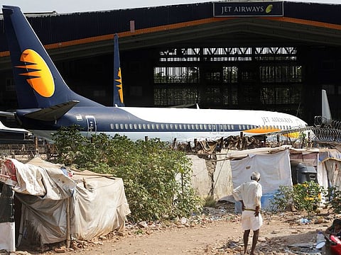 A Jet Airways aircraft is seen parked at a hanger at Chhatrapati Shivaji Maharaj International Airport in Mumbai.