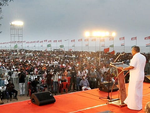 Kerala Chief Minister Pinarayi Vijayan speaks at an election campaign rally at Beach in Kozhikode, on Tuesday.