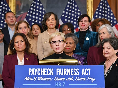 Actress Michelle Williams speaks at an event to celebrate the Paycheck Fairness Act on Equal Pay Day in the Rayburn Room of the US Capitol in Washington, DC on April 2, 2019.