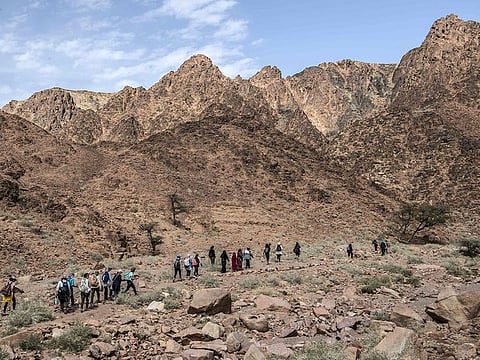 A group of hikers led by Egyptian Bedouin women guides walk in Wadi el-Sahu in South Sinai governorate on March 29, 2019, during the first "Sinai Trail" led by Bedouin women guides.