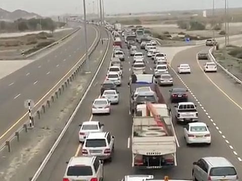 Traffic congestion on the UAE-Oman border towards Al Ain city.