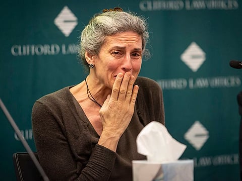 Samya Stumo's mother Nadia Milleron becomes emotional during a news conference announcing a lawsuit the family is filing against Boeing on Thursday, April 4, 2019 in Chicago.