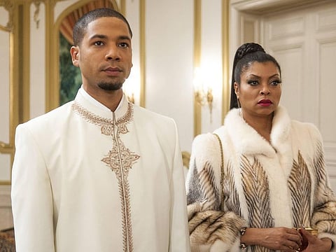Jamal (Jussie Smollett, L) and Cookie (Taraji P. Henson, R) attend the all white party in the "The Lyon's Roar" episode of EMPIRE.