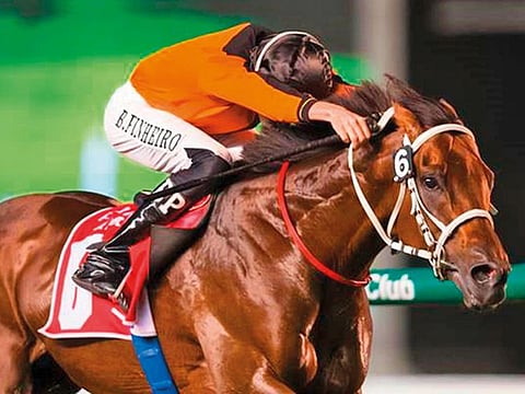 Ajwad, ridden by Bernardo Pinheiro, wins the 1,600-metre Zabeel Trophy, sponsored by Emirates airline.