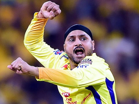 CSK bowler Harbhajan Singh celebrates for the wicket of KXIP batsman Mayank Agarwal during the Indian Premier League 2019 (IPL T20) cricket match between Chennai Super Kings (CSK) and Kings XI Punjab (KXIP) at MAC Stadium in Chennai, Saturday, April 6, 2019.