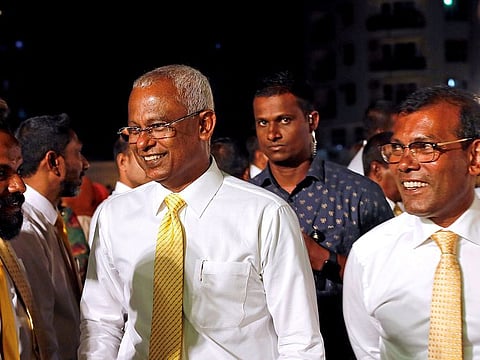 Maldives President Ibrahim Mohamed Solih and former president Mohamed Nasheed arrive at an election campaign rally ahead of their parliamentary election on Saturday, in Male, Maldives April 4, 2019.