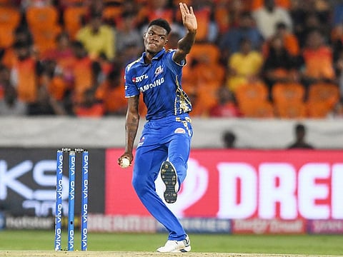 Mumbai Indians cricketer Alzarri Joseph bowls during the IPL match against Sunrisers Hyderabad held at The Rajiv Gandhi International Cricket Stadium in Hyderabad on April 6, 2019.