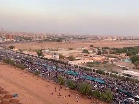 People protest near the defence ministry building in Khartoum, Sudan, in this still image taken from a social media video obtained on April 9, 2019