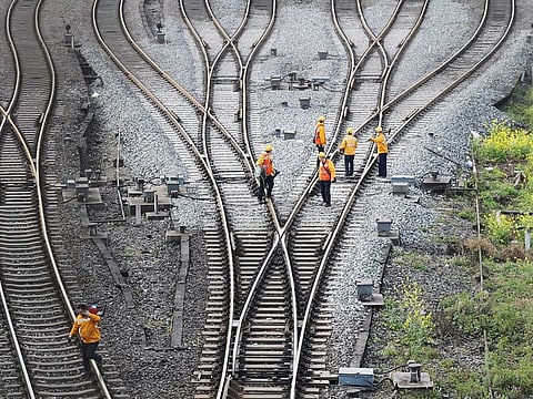 Workers inspect railway tracks, which serve as a part of the Belt and Road freight rail route linking Chongqing to Duisburg, at the Dazhou railway station in Sichuan province, China (File image)