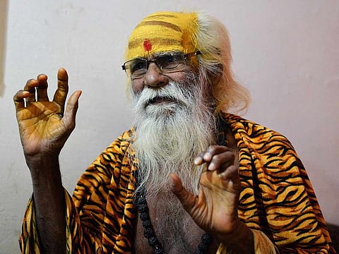In this photo taken on April 3, 2019, Indian priest Fakkad Baba, who will contest the upcoming elections for the national parliament, takes part in an interview with AFP in Mathura in Uttar Pradesh state. This election will be Baba's 17th on the ballot.