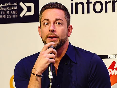 Zachary Levi addressing media at the Middle East Film & Comic Con 2019.