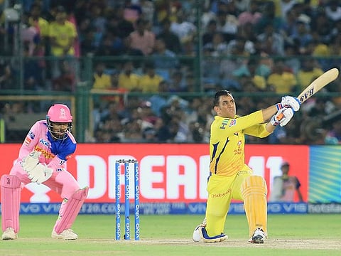Chennai Super Kings' Mahendra Singh Dhoni bats during the IPL match against Rajasthan Royals in Jaipur, on Thursday, April 11, 2019.