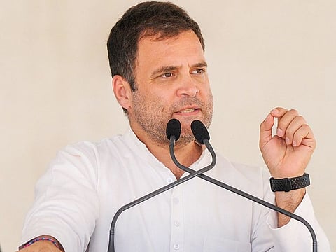 Congress President Rahul Gandhi addresses an election campaign rally for the 2019 Lok Sabha polls, in Kolar, Karnataka, on Saturday.