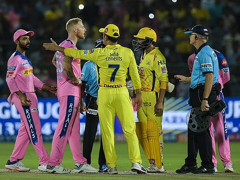 CSK captain M S Dhoni talks to the umpires during the IPL match against Rajasthan Royals (RR) at Sawai Mansingh Stadium, Jaipur, Thursday, April 11, 2019.