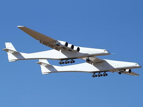 Stratolaunch, a giant six-engine aircraft with the world's longest wingspan, makes its historic first flight from the Mojave Air and Space Port in Mojave, California, on Saturday, April 13, 2019.
