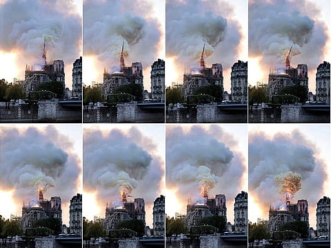 In this combination of photos, flames and smoke rise as the spire on the Notre Dame Cathedral collapses during a fire in Paris, Monday, April 15, 2019.
