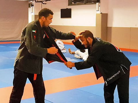 Asian games gold medalists Hamad Nawad (right) and Faisal Al Ketbi during a training session at the Mubadala Arena ahead of the World Pro Jiu Jitsu Championship.