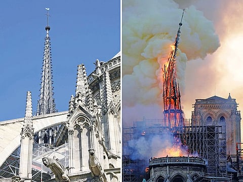 This combination of file photographs shows the steeple Notre-Dame de Paris Cathedral - (left) taken on June 26, 2018 showing sculptures and the steeple and (right) the steeple of the landmark cathedral collapsing as the cathedral is engulfed in flames in central Paris on April 15, 2019.