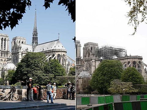 A combination picture shows the Notre-Dame Cathedral before and after a fire devasted large parts of the gothic structure in Paris France.