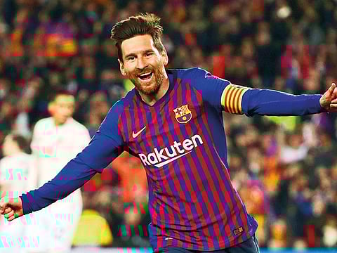 Barcelona's Lionel Messi celebrates scoring their second goal against Manchester United in the Champions League Quarter Final Second Leg, held in Camp Nou, Barcelona, Spain.
