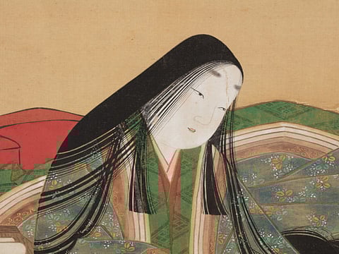 Tosa Mitsuoki, Japanese, 1617–1691. Murasaki Shikibu Composing The Tale of Genji (detail). Japan, Edo period (1615–1868), 17th century Hanging scroll; ink and colour on silk