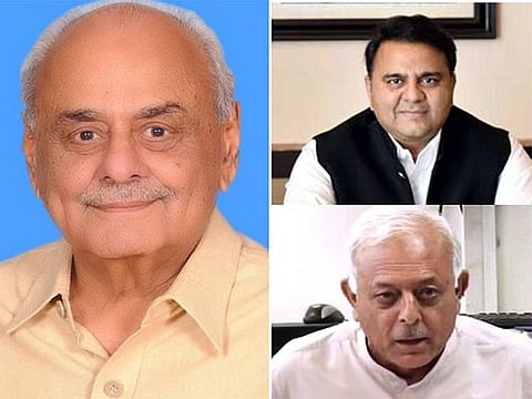 A combination picture showing Ijaz Ahmed Shah, left, Fawad Chaudhry, right top, and Ghulam Sarwar Khan