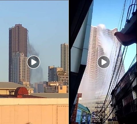 Water shaken off from an overhead tank of a high-rise in Manila during a powerful quake that rocked northern Luzon on Monday, April 22, 2019