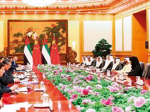 Shaikh Mohammad leads the UAE delegation in discussions with the Chinese team in Beijing, on the sidelines of the Belt and Road Conference.