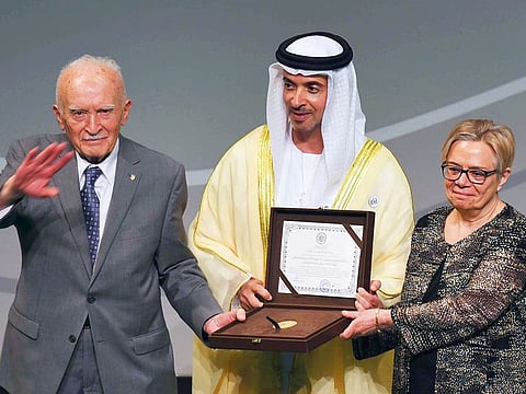 Shaikh Hazza Bin Zayed Al Nahyan presents the Shaikh Zayed Book Award to Professor Jaroslav Stetkevych and Suzanne Pinckney Stetkevych at Auditorium Plaza Louvre in Abu Dhabi.
