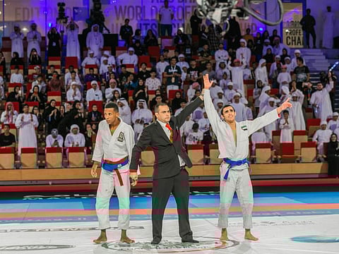 UAE’s Omar Al Fadhli celebrates after beating Brazil’s Ricardo Conceicao in the final to clinch gold.