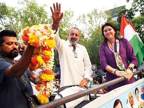Bollywood actor Sanjay Dutt during an election campaign for his sister and Congress party candidate Priya Dutt in Mumbai.