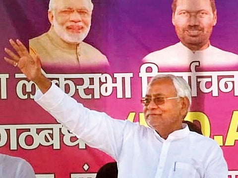 Bihar Chief Minister Nitish Kumar addresses an election campaign rally in Khagaria.