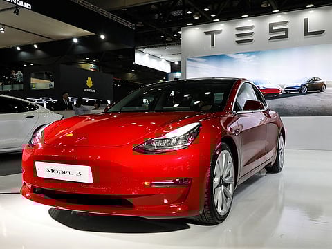 A Tesla Model 3 electric vehicle on display at the Seoul Motor Show on March 28, 2019.