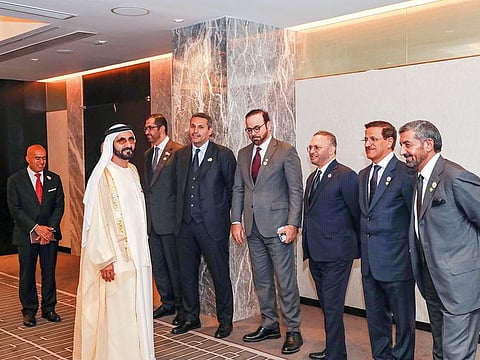 Shaikh Mohammad with Shaikh Ahmad Bin Saeed Al Maktoum, President of Dubai Civil Aviation Authority and Chairman and Chief Executive of Emirates airline and Group; Sultan Bin Saeed Al Mansouri, Minister of Economy; Anwar Mohammad Gargash, Minister of State for Foreign Affairs; Mohammad Al Gergawi, Minister of Cabinet Affairs and the Future; Dr. Sultan Bin Ahmad Al Jaber, Minister of State and Khaldoun Khalifa Al Mubarak, Chairman of Abu Dhabi Executive Affairs Authority during the Belt and Road Forum in Beijing.