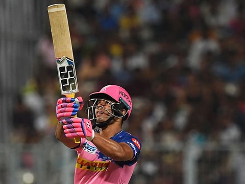 Rajasthan Royals' cricketer Riyan Parag plays a shot during the 2019 Indian Premier League (IPL) Twenty 20 cricket match between Kolkata Knight Riders and Rajasthan Royals at the Eden Gardens Cricket Stadium, in Kolkata, on April 25, 2019.