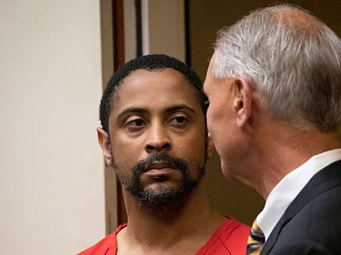 Isaiah J. Peoples appears for his arraignment in Santa Clara County Superior Court as his lawyer, Chuck Smith, stands at his side on Friday, April 26, 2019, in San Jose, Calif. Th