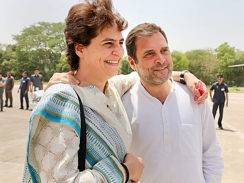 Congress President Rahul Gandhi with party's General Secretary and sister Priyanka Gandhi Vadra at public meeting, in Rae Bareli, on Saturday, April 27, 2019.