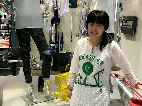 Gaoli outside a shop in Pakistan, where she went to get a customised kurta to celebrate Pakistan's Independence Day in 2017