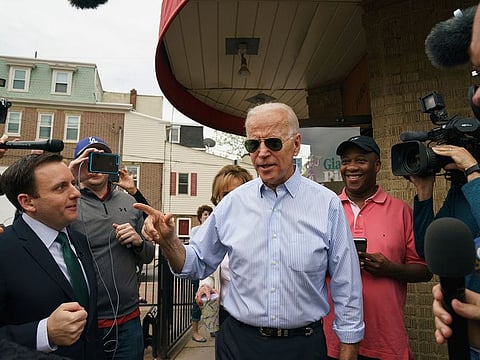 Democratic presidential candidate and former Vice President Joe Biden speaks outside of Gianni's Pizza, in Wilmington Del., Thursday, April 25, 2019.