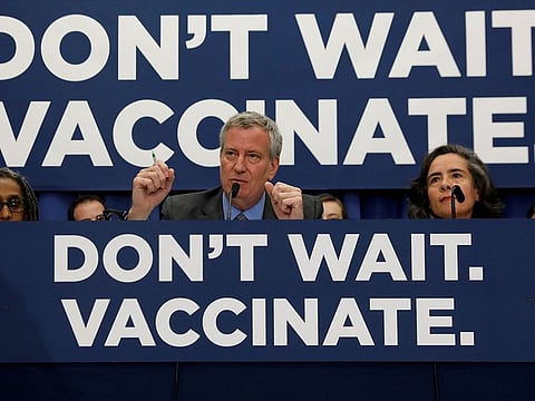 New York City Mayor Bill de Blasio speaks during a news conference declaring a public health emergency in parts of Brooklyn in response to a measles outbreak