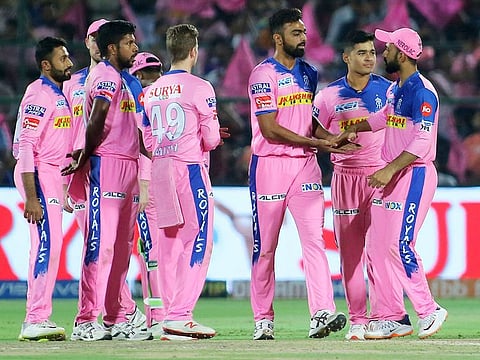 Rajasthan Royals' players celebrate the wicket of Sunrisers Hyderabad batsman Shakib Al Hasan during the IPL match in Jaipur, on Monday, April 27, 2019.