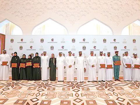 Shaikh Mohammad Bin Rashid with the winners at a ceremony in Dubai. Shaikh Hamdan Bin Rashid, Shaikh Saif, Shaikh Mansour and Uhoud Khalfan Al Roumi are present.