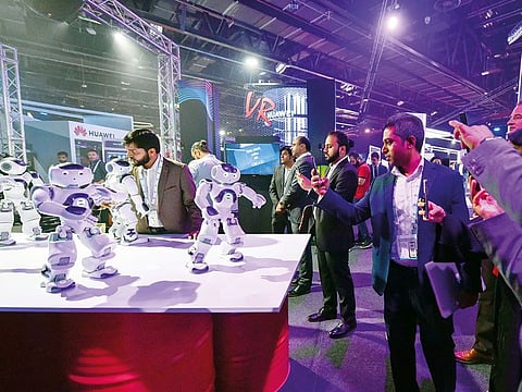 Robots at the first-ever AI Everything Summit at Dubai World Trade Centre and Exhibition halls yesterday. The summit aims to promote initiatives, collaborations, partnerships and breakthroughs in the field of Artificial Intelligence.