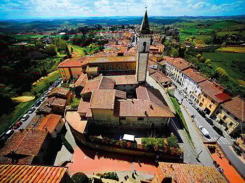 An aerial view from the Conti Guidi castle shows the Santa Croce church in Vinci, the Tuscan village where Leonardo da Vinci was born.
