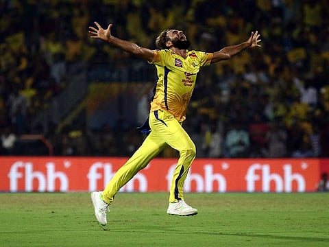 Imran Tahir of Chennai Super Kings celebrates after taking the wicket of Rishabh Pant Delhi Captails during the VIVO IPL T20 cricket match between Chennai Super Kings and Delhi Captailsin Chennai, India, Wednesday, May 1, 2019.