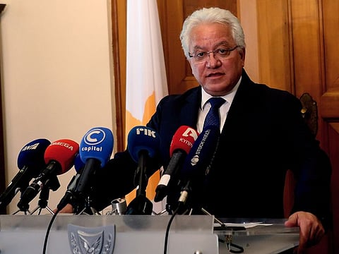 Cyprus' Justice Minister Ioanas Nicolaou talks to the media after a meeting with Cyprus' president Nicos Anastasiades at the presidential palace in capital Nicosia, Cyprus, Thursday, May 2, 2019.