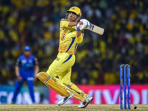 Chennai Super Kings skipper MS Dhoni plays a shot during the Indian Premier League 2019 cricket match against Delhi Capitals at MAC Stadium in Chennai, Wednesday, May 1, 2019.