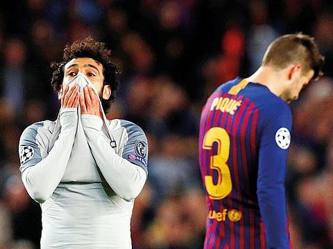 Liverpool’s Mohammad Salah looks dejected after their loss to Barcelona during the Champions League semi-final first leg at the Camp Nou.