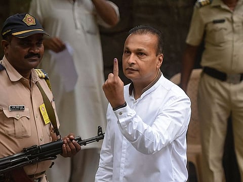 Industrialist Anil Ambani shows his inked marked finger after casting vote during the 4th phase of the 2019 Lok Sabha elections, at a polling station in Mumbai, Monday, April 29, 2019.